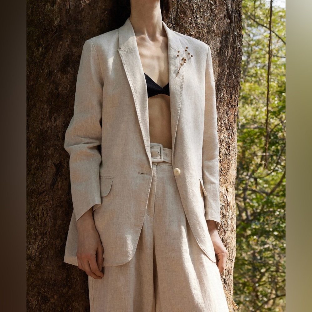 Goelia 100% Linen Back Slit Women One Button Blazer